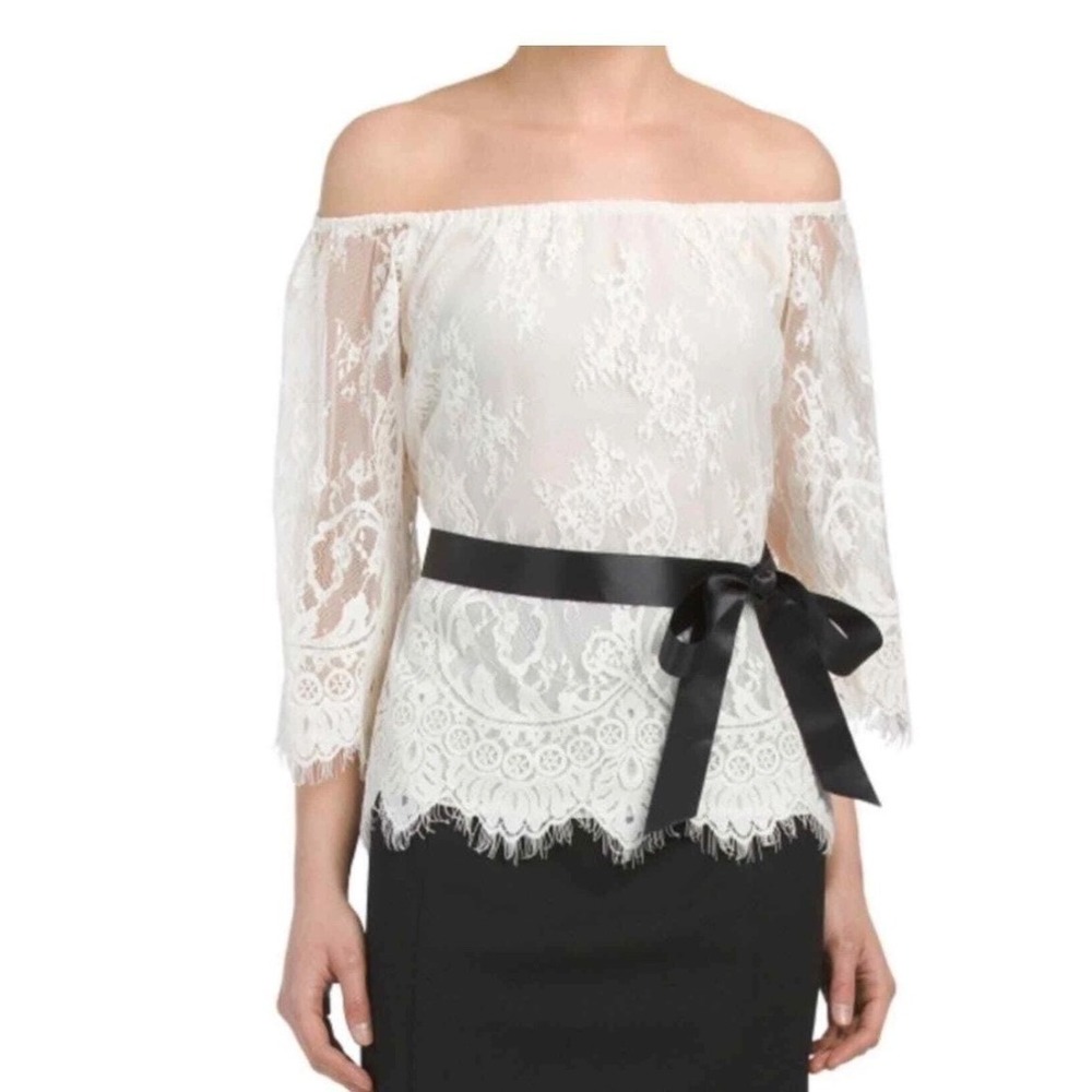 NWT Teri Jon Ivory Lace Off Shoulder Blouse Black Satin Belt Size 4